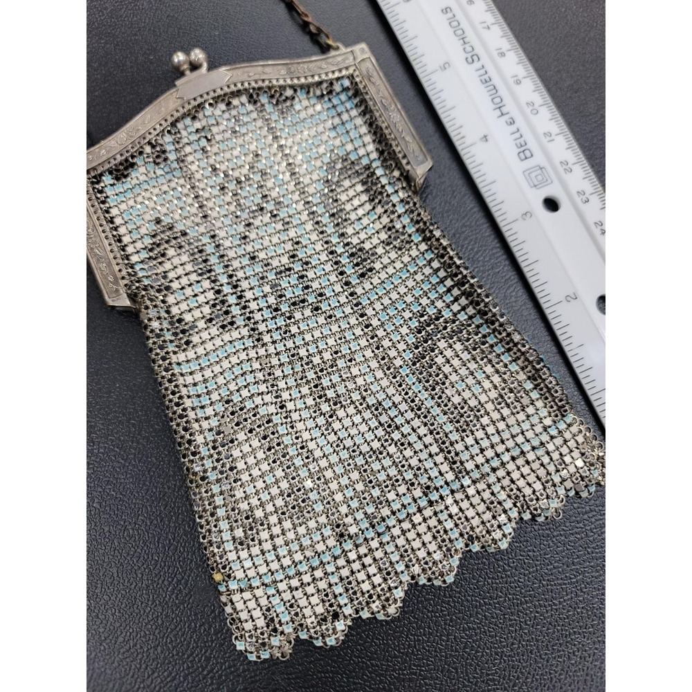 Antique Victorian Whiting & Davis Enamel Mesh Purse Handbag Fringed Blue & Black